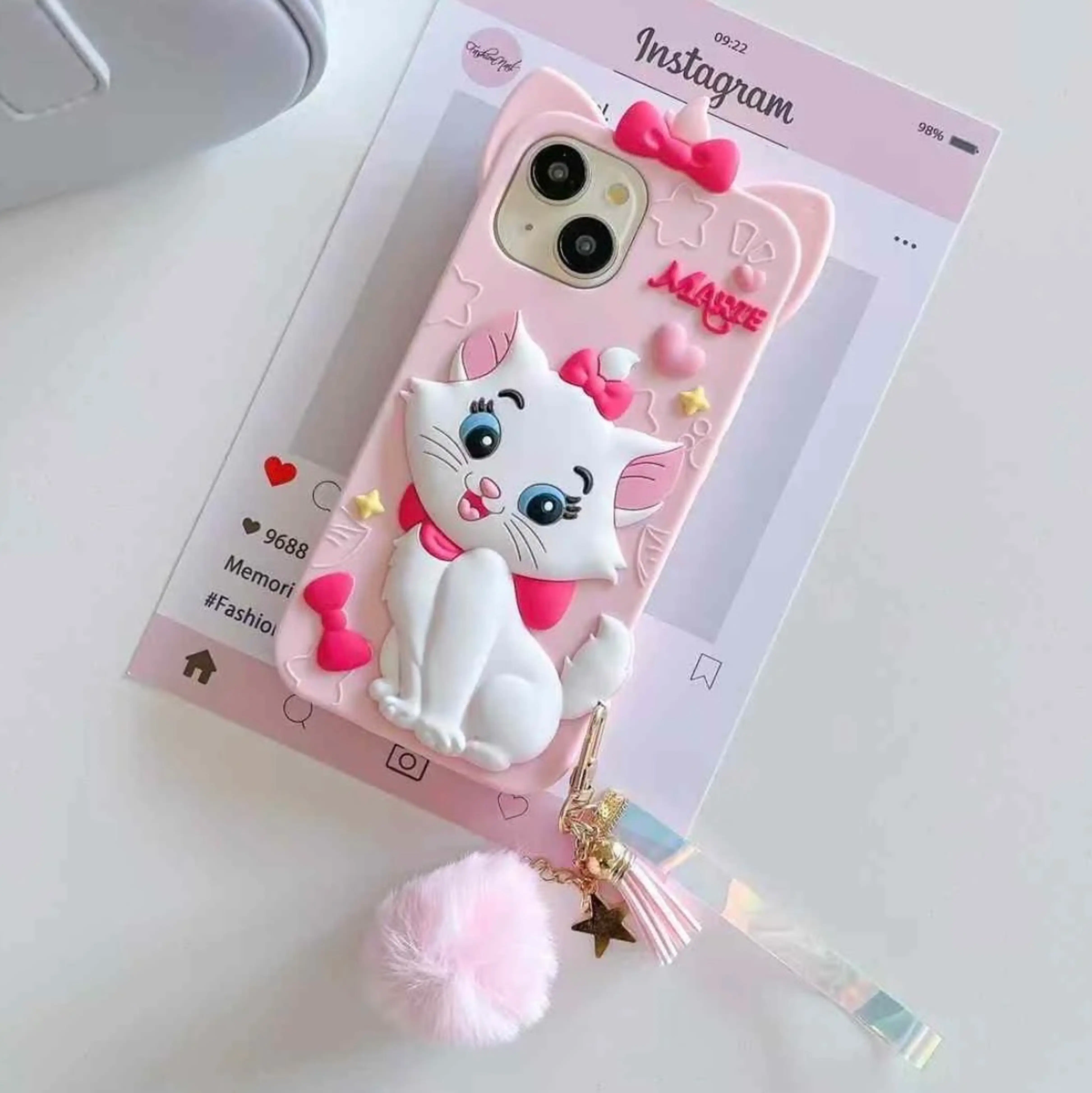 MARIE ! Kitty Silicon Case For iPhone With Pom Pom Charm