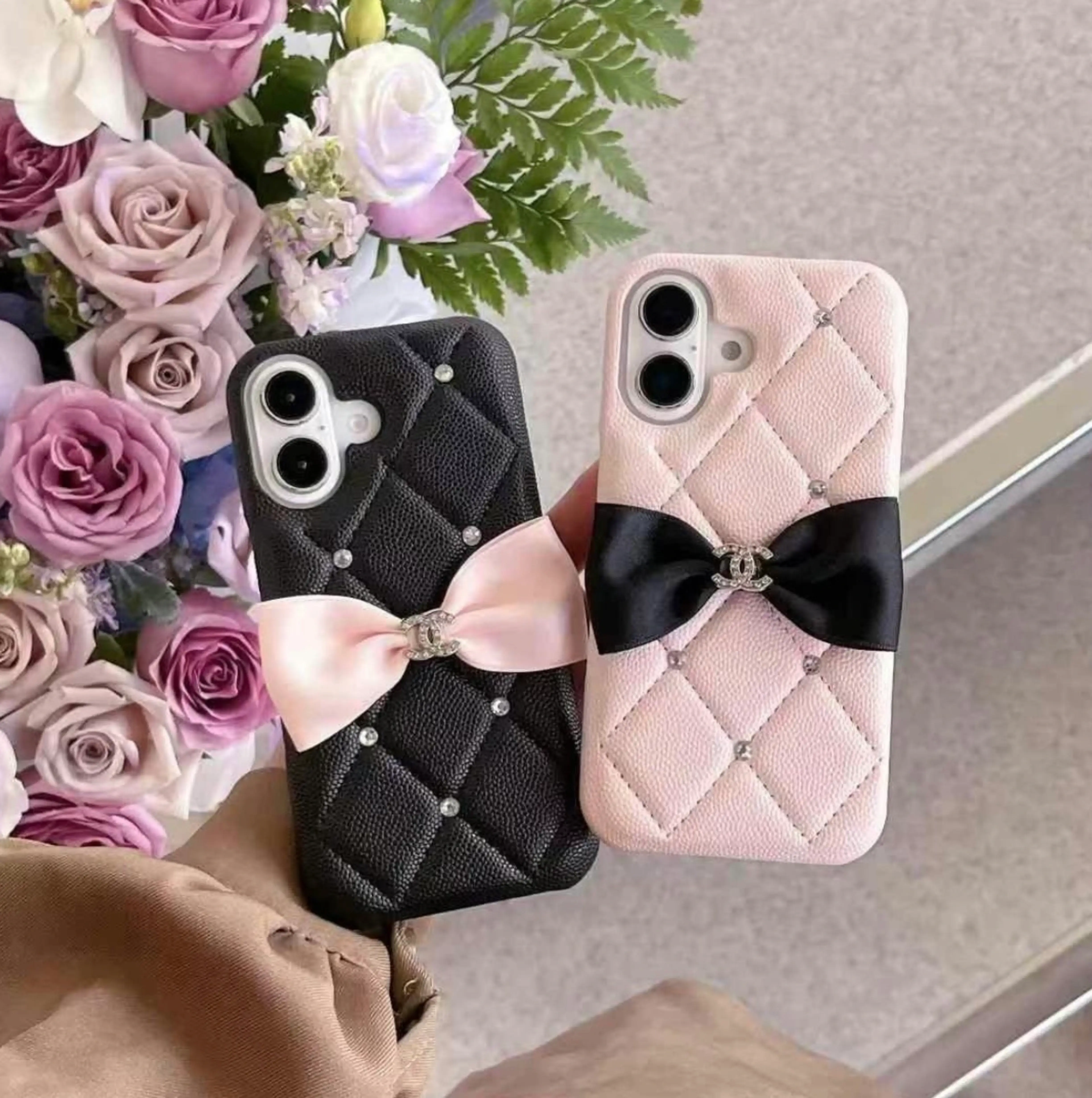 Cute Bow Style Luxury Branded Quilted Leather Case for iPhone (Black And Pink)