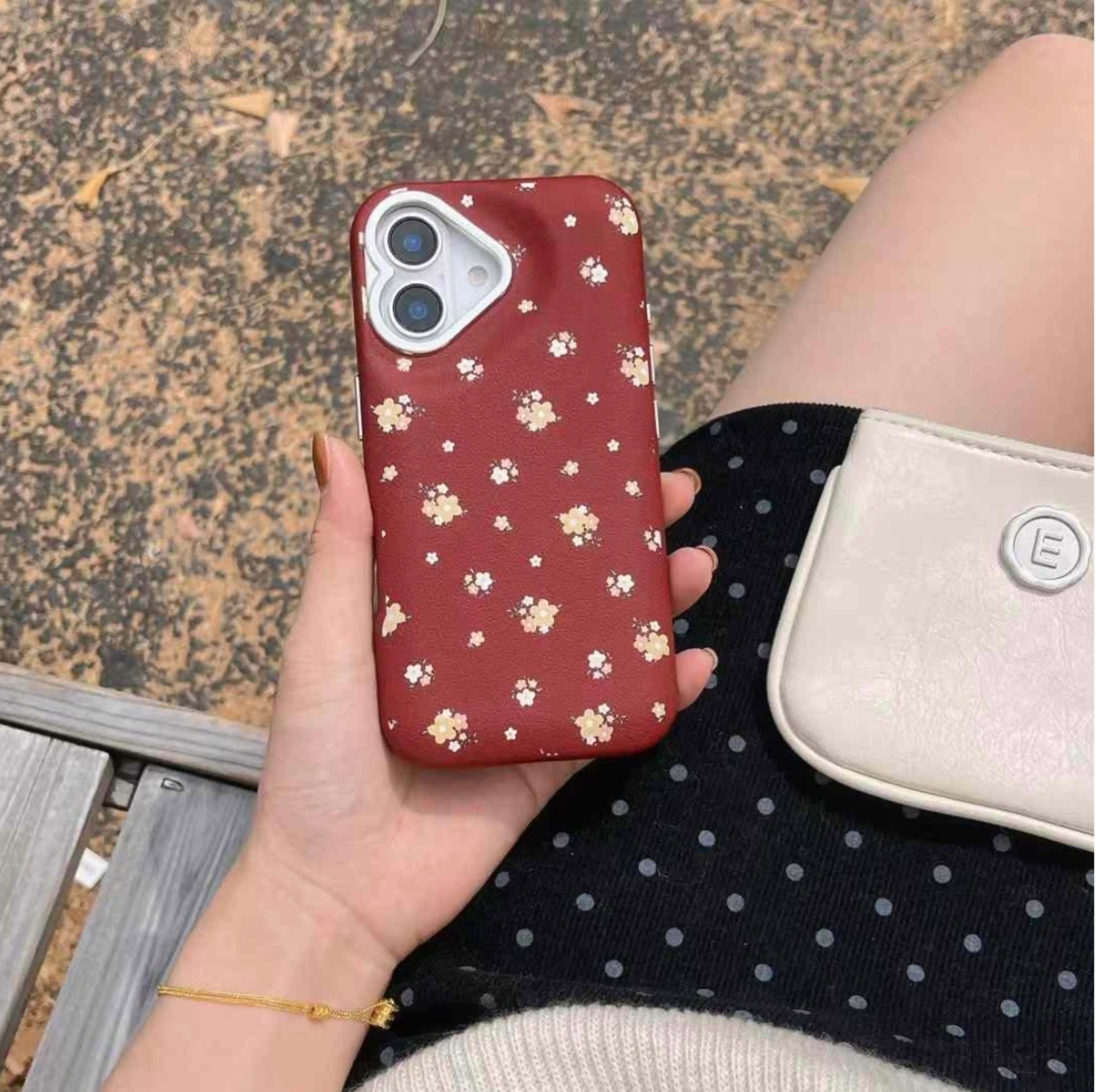 Cute Flower Pattern Leather Fluff Case for iPhone (Red)