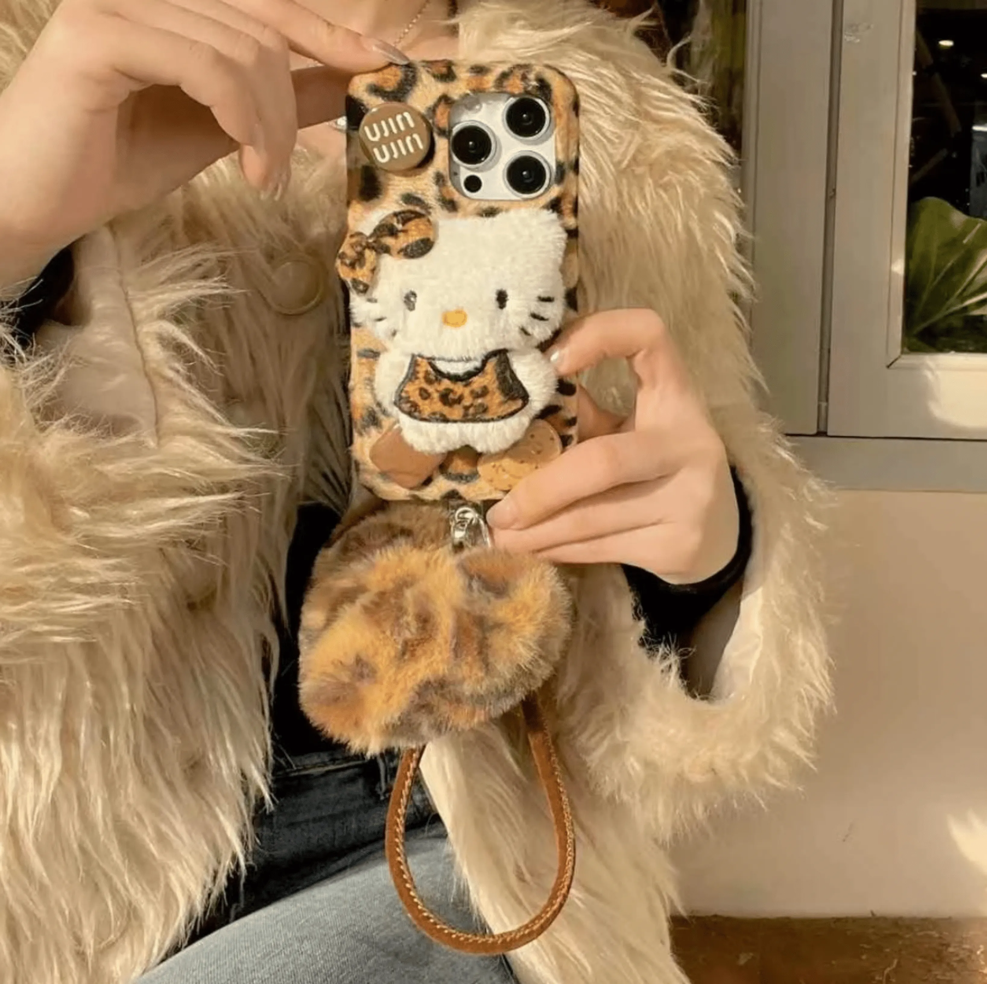 Cute Leopard Kitty Plush iPhone Case With Heart Charm