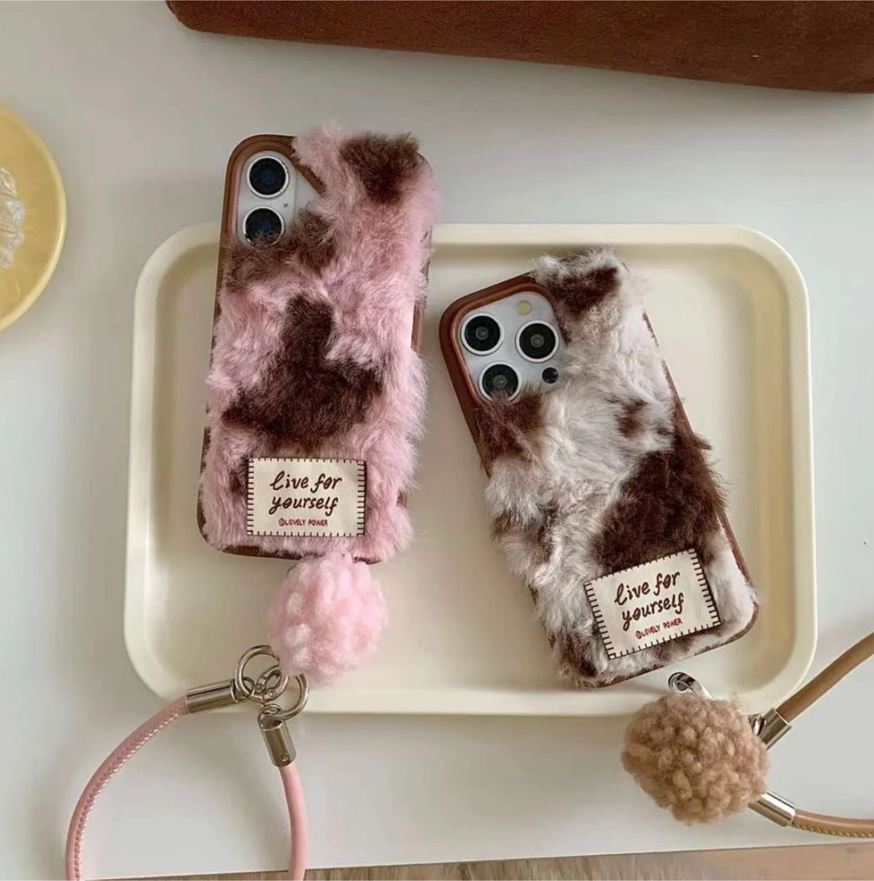 " Cute Warm Plush Case For iPhone With Pom Pom Charm Holder"