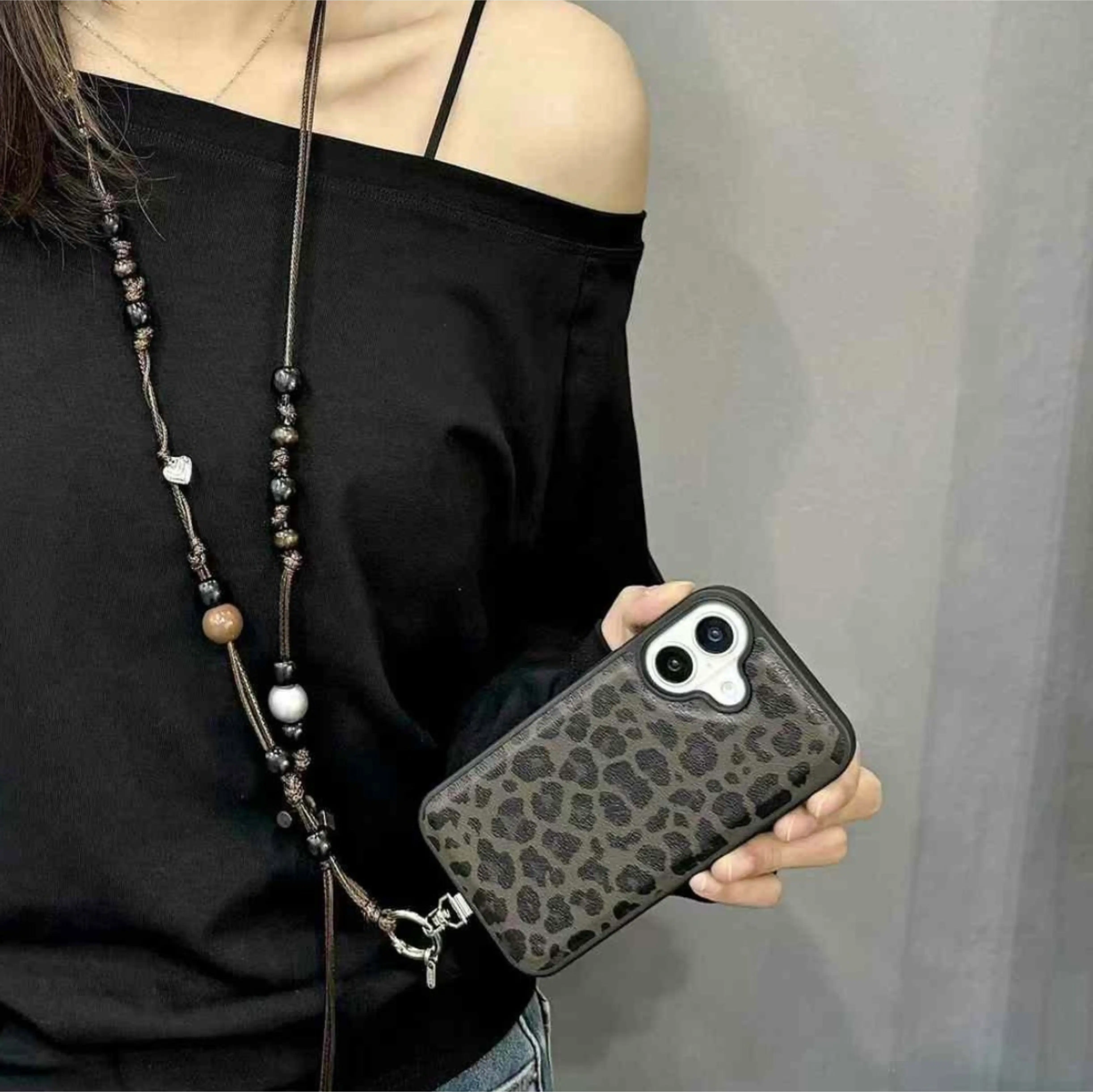 Luxury Leapord Leather Designer Case for iPhone With Lanyard String Holder