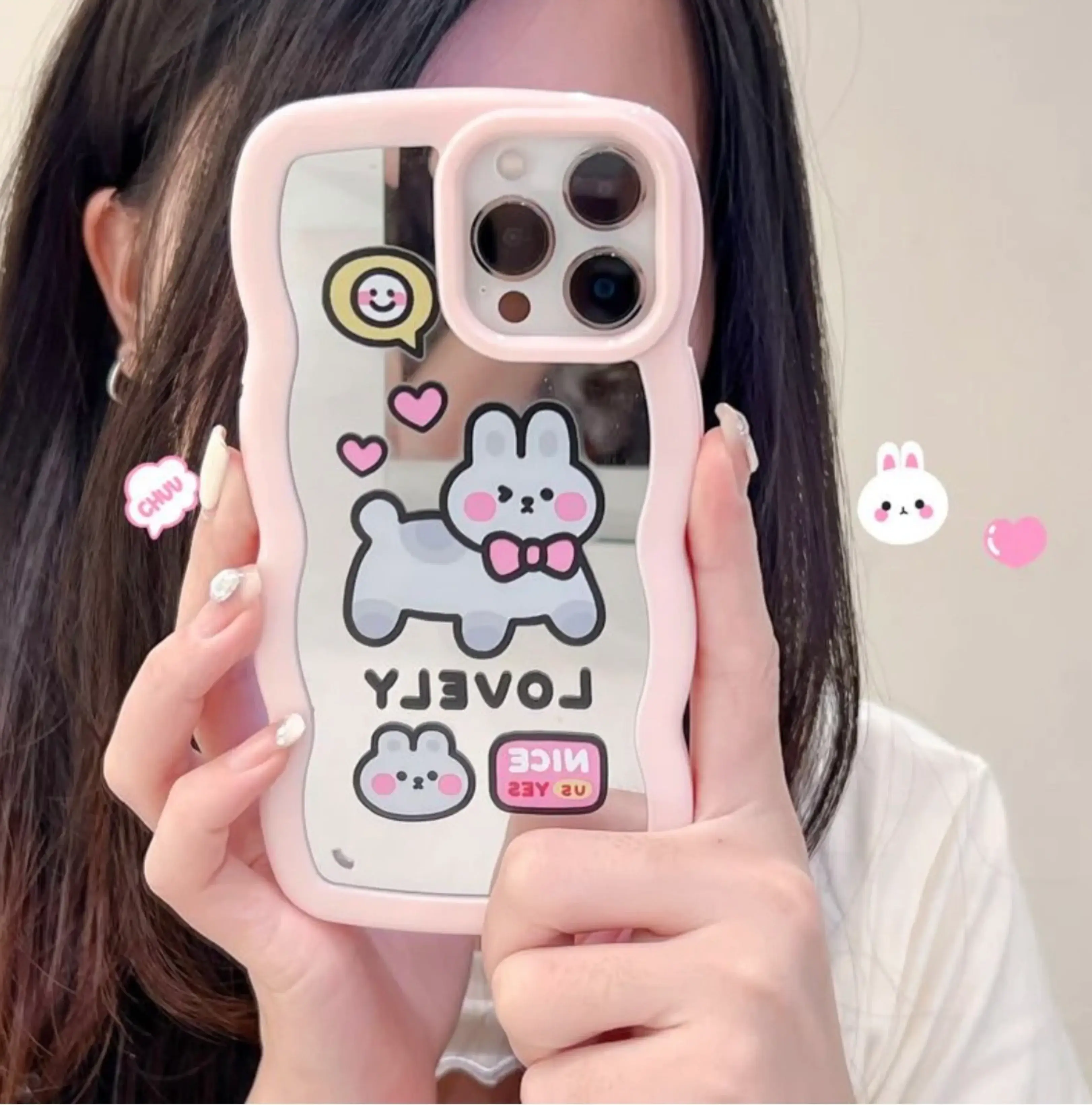 iPhone Wawy Style Mirror Case With Lovely Cartoon Design (Pink)