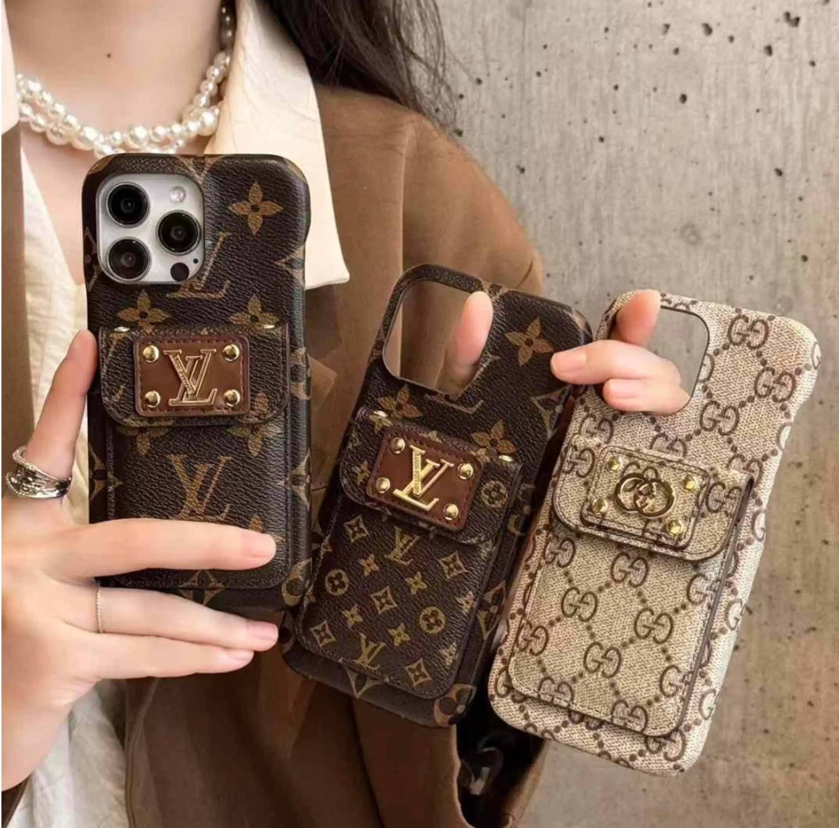 Luxury Branded Leather Monogram iPhone Case with Wallet