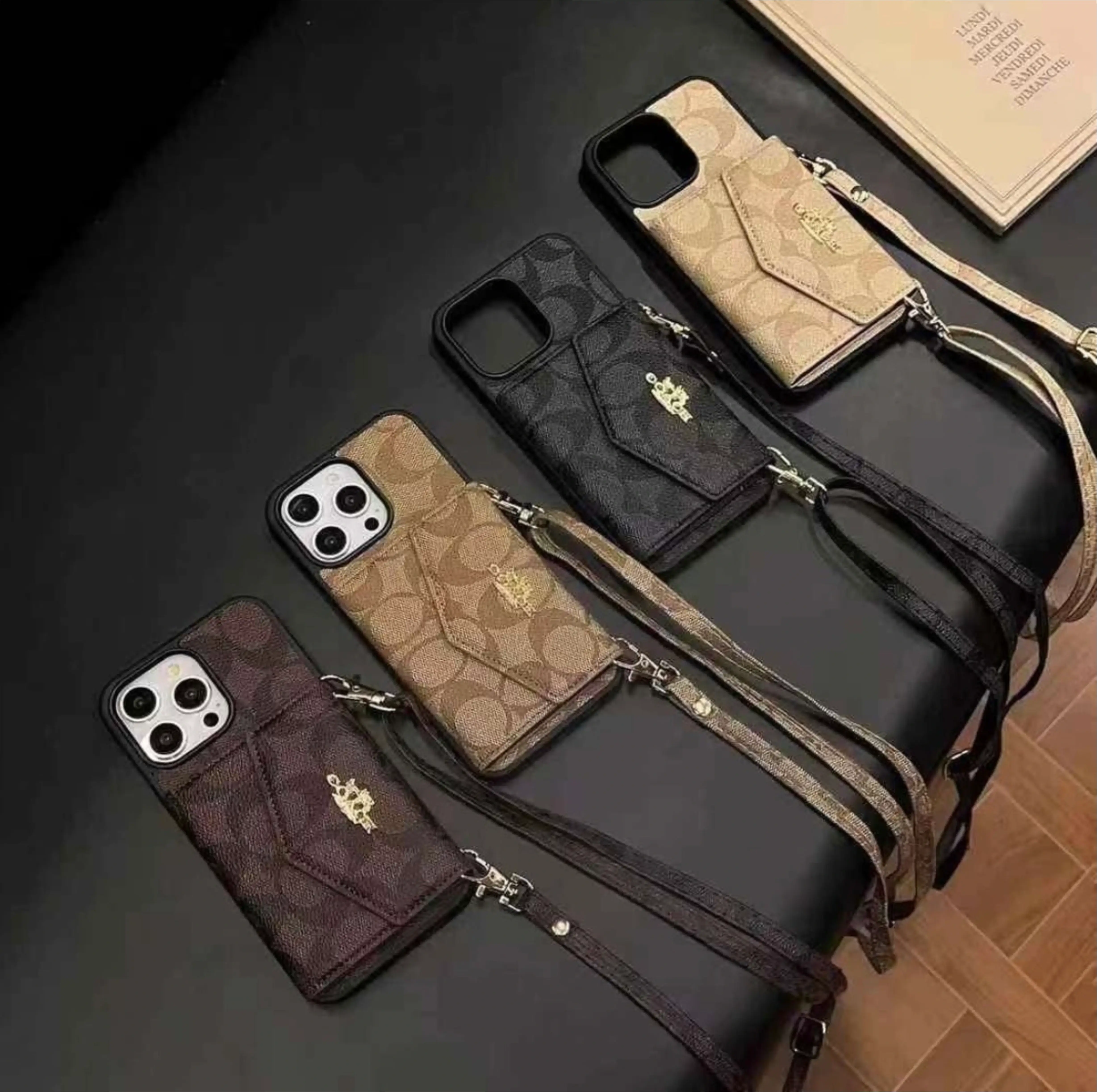 Luxury Branded Wallet Case for iPhone With Sling Chain