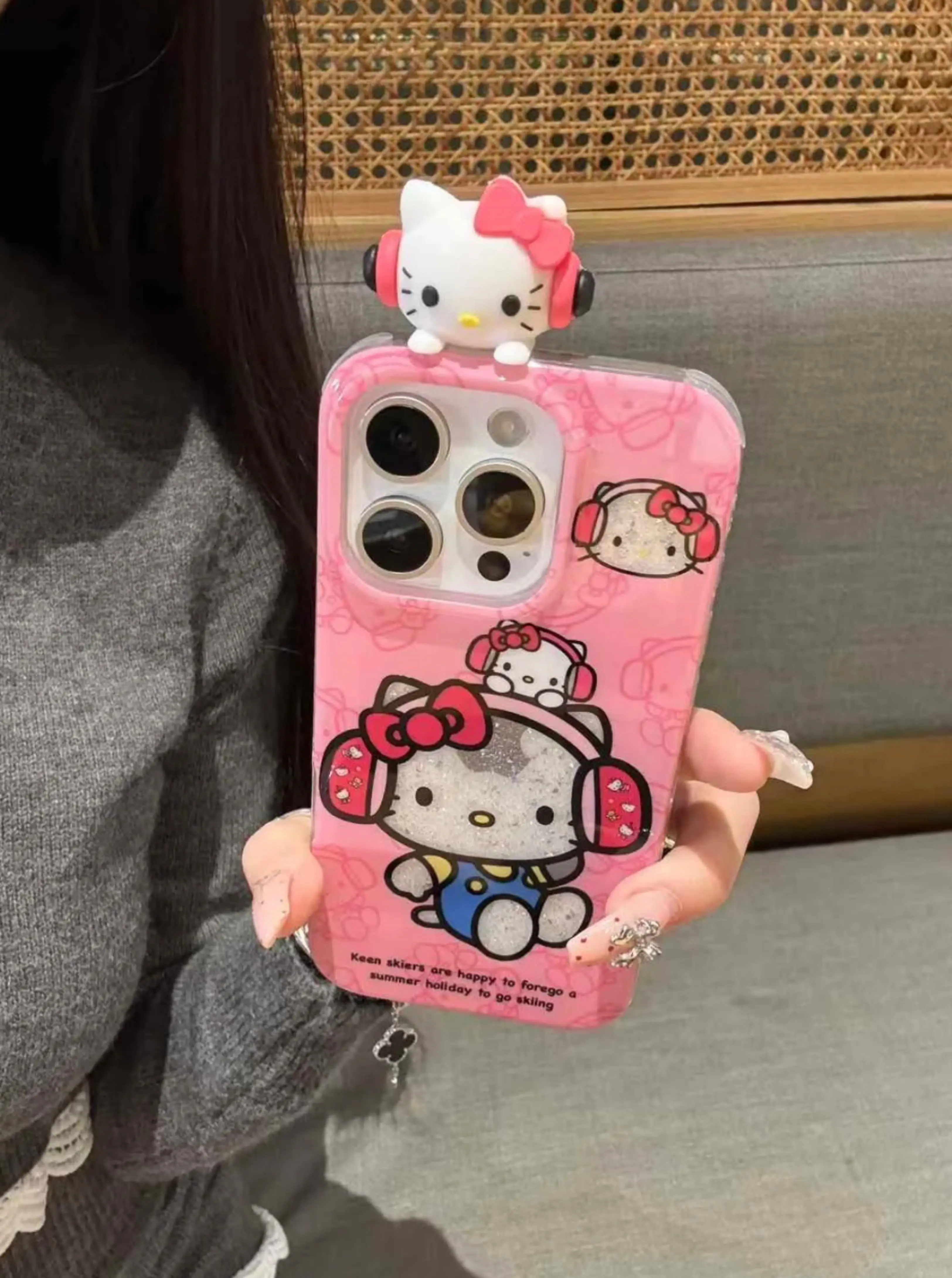 Kitty Using Headphones Silicon iPhone Case With Kitty Charm