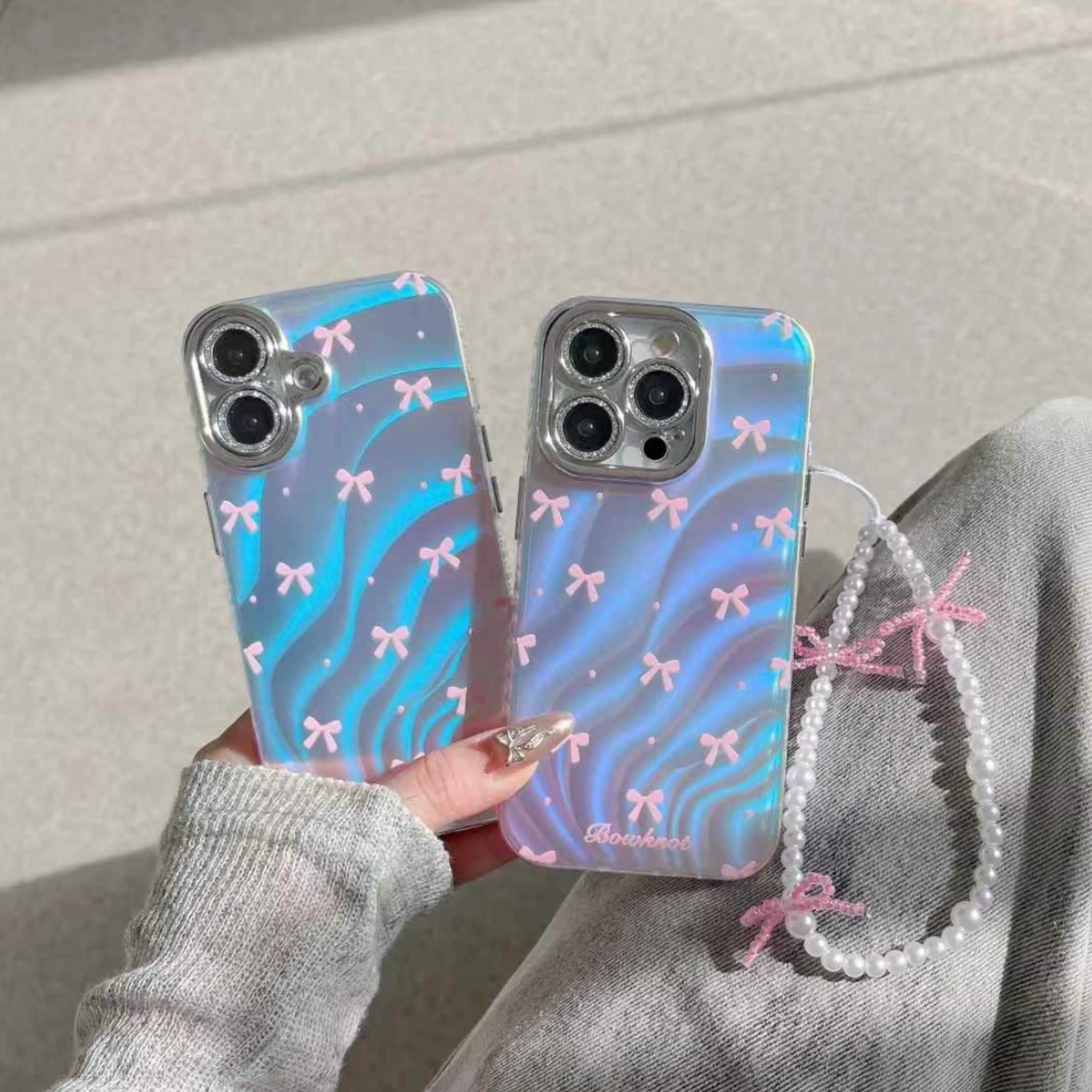 Holographic Bow Pattern Designer Silicon Case for iPhone With Beaded Bow Charm