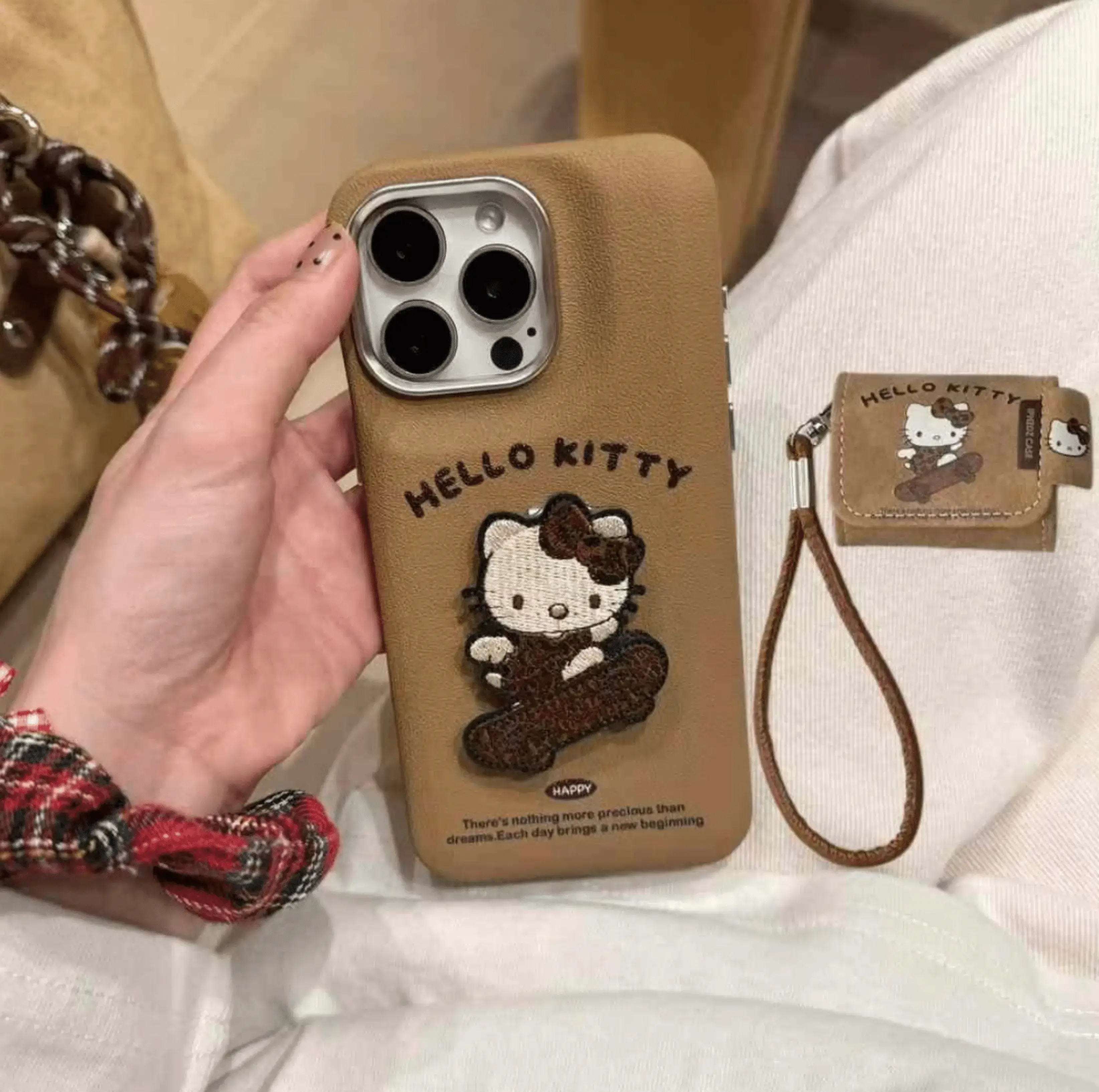Cute Kitty Embroided Leather Case For iPhone With Kitty Phone Stand